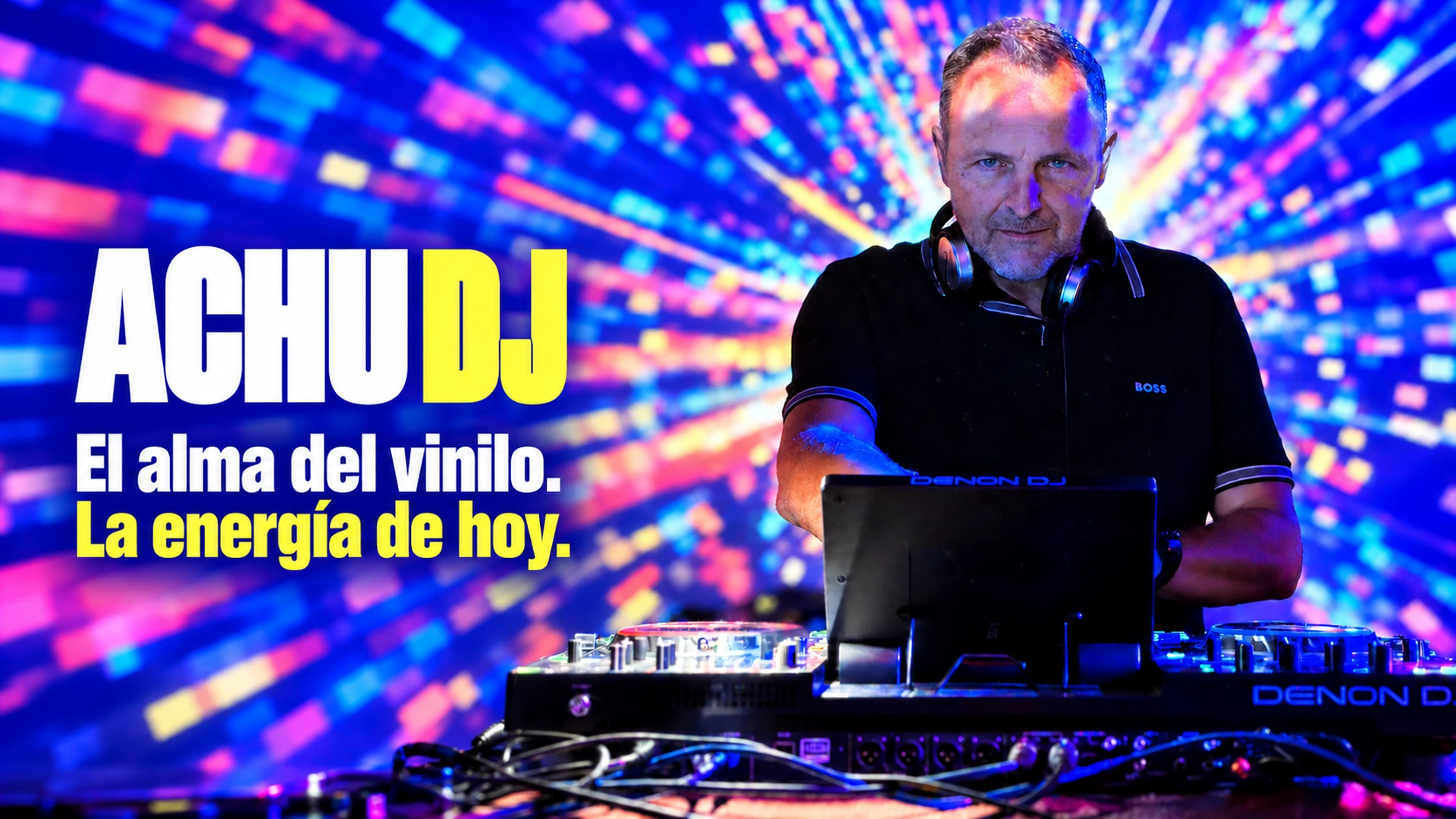 Achu DJ mirando a cámara con su logo y el eslogan El alma del vinilo. La energía de hoy.